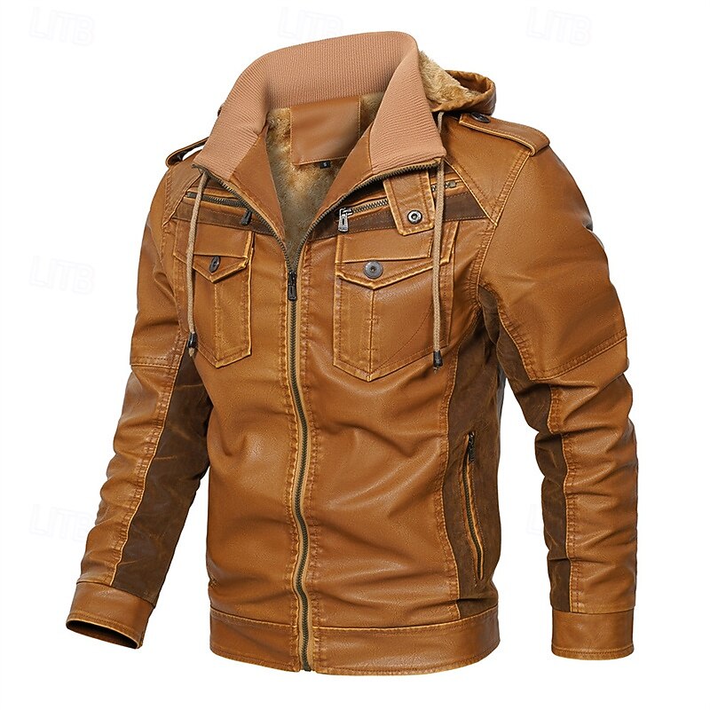 Men's Faux Leather Jacket Biker Jacket Motorcycle Jacket Daily Vacation Fleece Lining Windproof Pocket Convertible Fall & Winter Color Block Fashion Classic Hooded Regular Black Yellow Jacket4