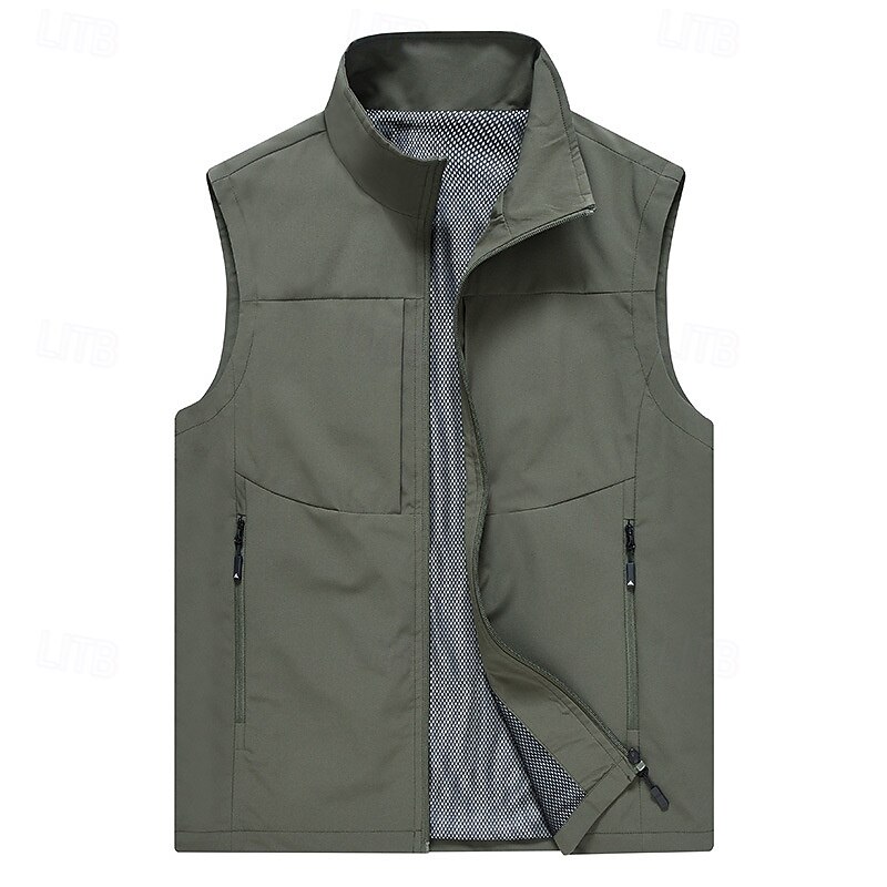 Men's Vest Gilet Fishing Vest Hiking Vest Daily Date Vacation Fashion Casual Spring & Summer Pocket Polyester Breathability Plain Zipper Stand Collar Regular Fit Black Khaki Army Green Dark Blue Vest2