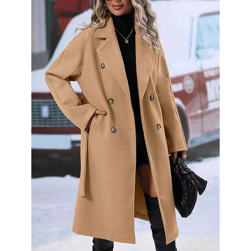 Women's Winter Coat Windproof Warm Buttons With Belt Elegant Outdoor Solid Color Work Casual Double Breasted Turndown Loose Fit Long Sleeve Outerwear Black Red Khaki Fall Winter2