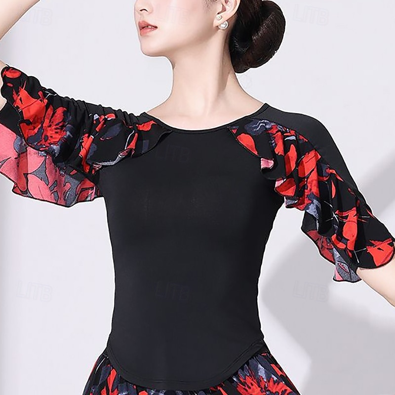 Latin Dance Top Printing Ruffle Splicing Women's Performance Training Half Sleeve High Polyester3