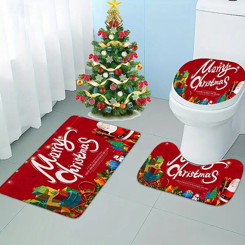 3 Pieces Christmas Bathroom Rugs and Mats Sets Xmas Non Slip Water Absorbent Bath Rug,Toilet Seat/Lid Cover,U-Shaped Toilet Mat,Home Decor Doormats Animal Bear Footprints3