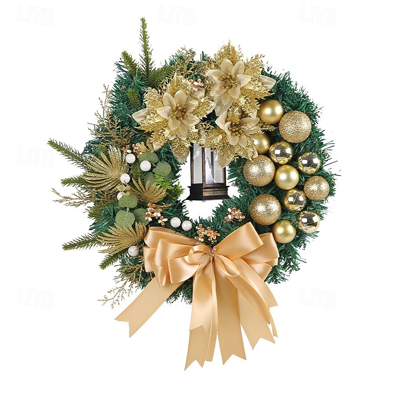 Christmas Lighted Wreath for Front Door Outdoor Door Winter Wreath Golden Xmas Ornaments and Pine Needles, Ideal for Storefront Vine and Door Hanging Christmas Decoration2