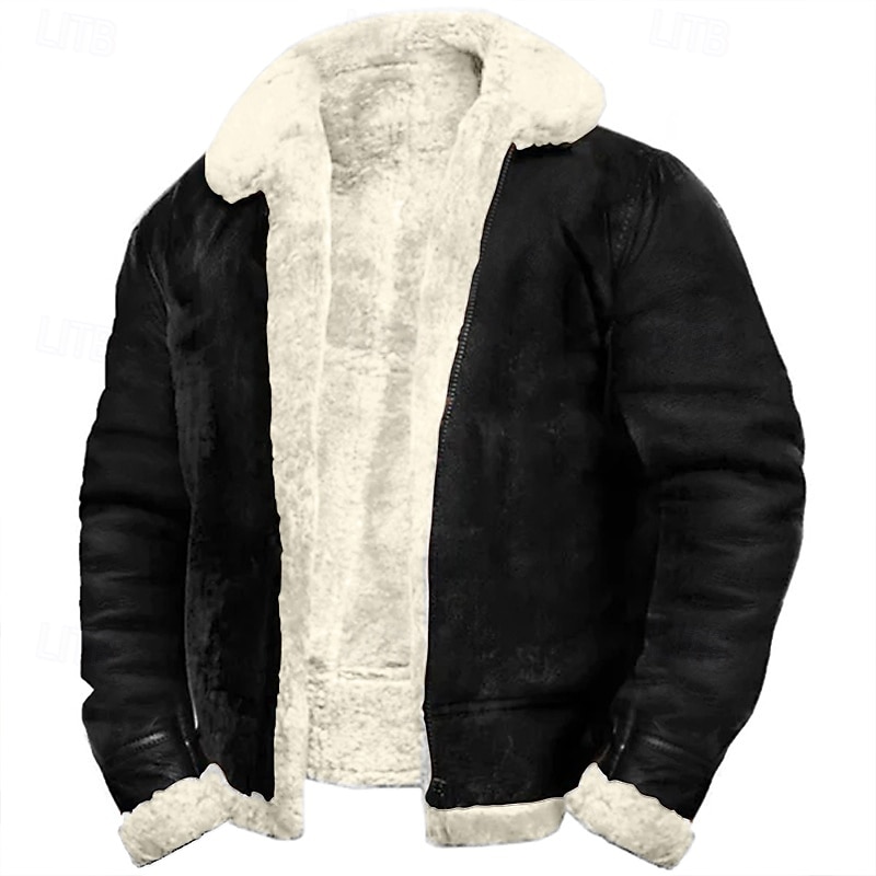 Men's Faux Leather Jacket Fleece Jacket Sherpa Jacket Biker Jacket Vacation Daily Windproof Warm Pocket Fleece Fall & Winter Plain Fashion Classic Lapel Regular Faux Leather Black White Brown Jacket