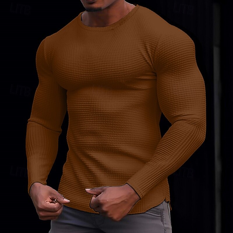 Men's Waffle Shirt T Shirt Tee Top Long Sleeve Shirt Long Sleeve Crew Neck Spring &  Fall Plain Fashion Designer Basic Knitted Vacation Street Going out Dark Brown Dark Grey Black Top Tee for Men2