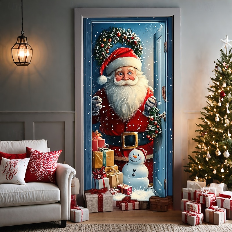 Christmas Door Decorations Door Covers Xmas Santa Door Tapestry Pink Door Curtain Decoration Backdrop Door Banner for Front Door Farmhouse Holiday Party Decor Supplies Snowman Indoor/Outdoor