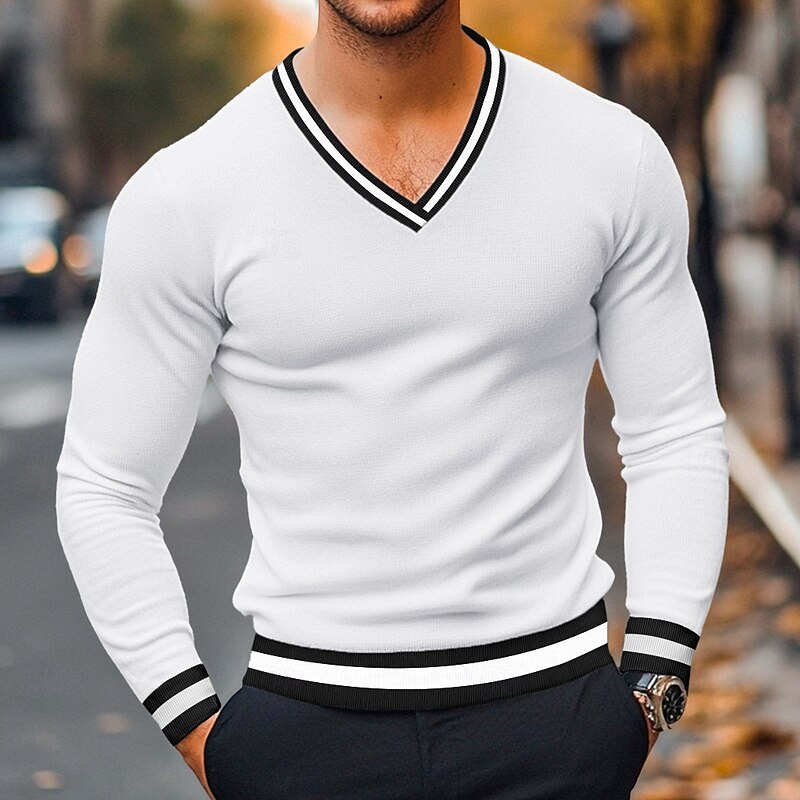 Men's T Shirt Knit Tee Long Sleeve V Neck Winter Spring &  Fall Solid Color Knitwear V Neck Casual Daily Black White Yellow Top Tee for Men4