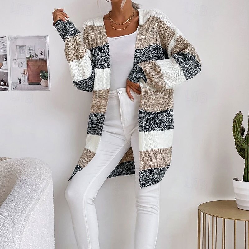 Women's Cardigan Fashion Daily Casual Striped Print Open Front Knitted Long Sleeve Long Tops Knit Work Black Gray Fall Winter4