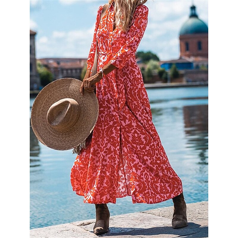 Women's Floral Print V Neck Long Dress Maxi Dress 3/4 Length Sleeve Spring Fall3