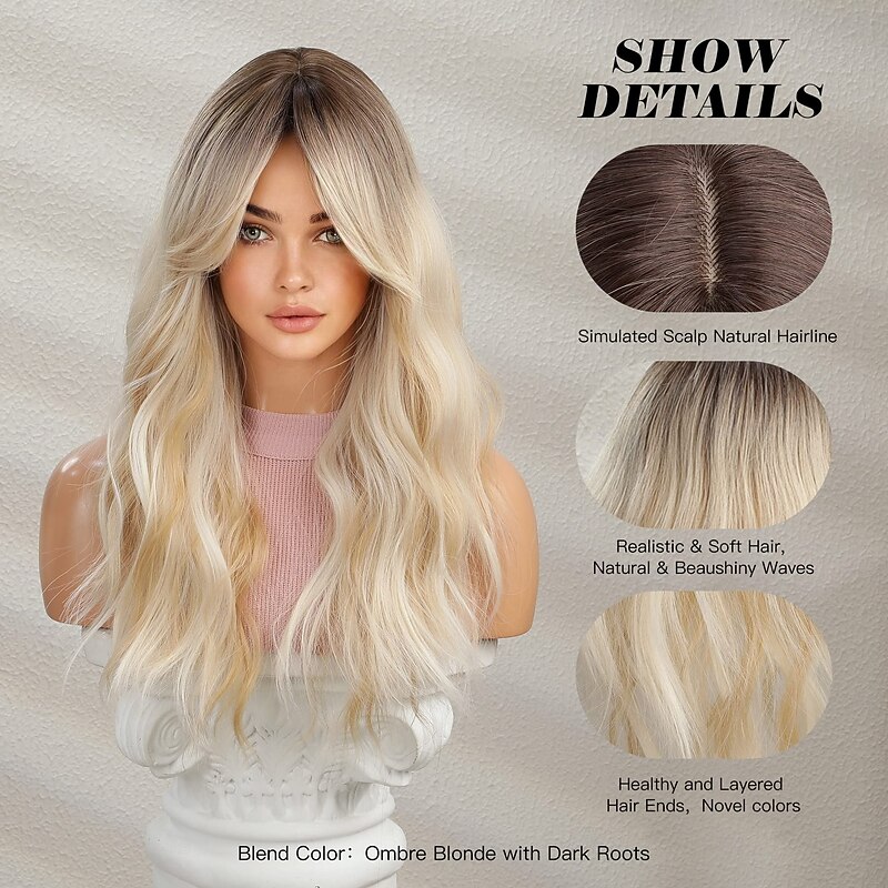 Long Ombre Blonde Wig with Bangs for Women Natural Layered Wavy Wigs Brown Roots Heat Resistant Synthetic Fiber High Density Curly Hair for Daily Party Holiday Dating Use2
