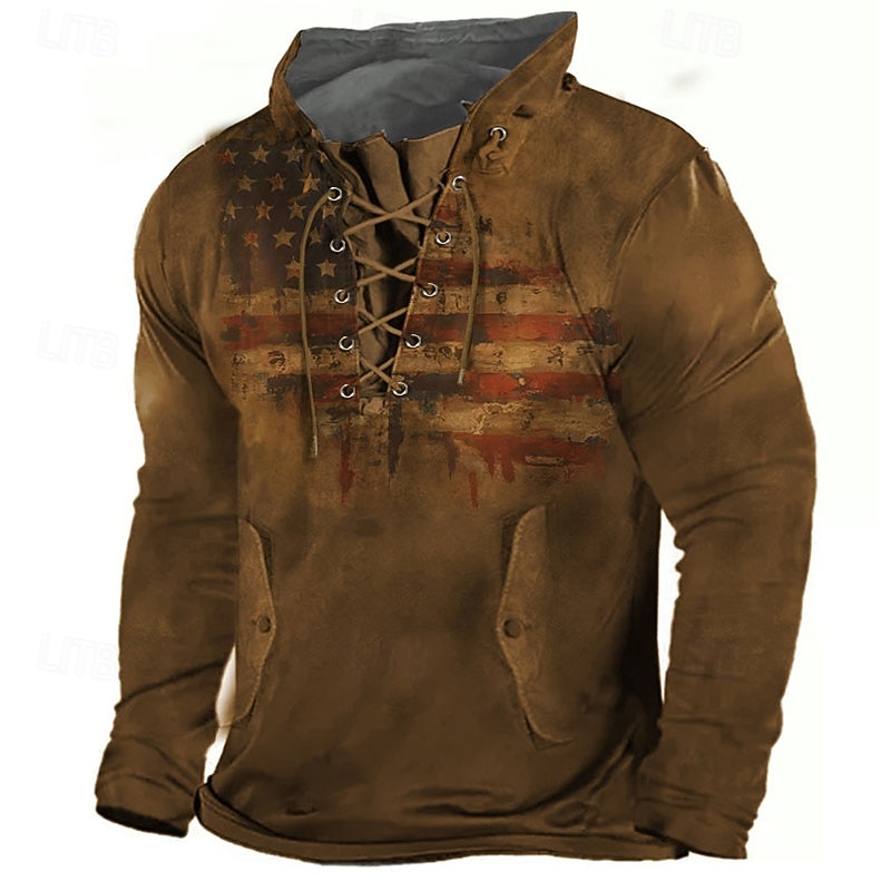Men's Graphic Prints National Flag Sweatshirt Pullover Long Sleeve Sweatshirt Standing Collar Streetwear Designer Basic 3D Print Sports & Outdoor Casual Daily Lace up Pocket Spring &  Fall2