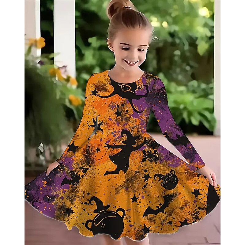 Halloween Girls' 3D Graphic Witch Bat Dress Long Sleeve Summer Spring Daily Holiday Vacation Beautiful Sweet Kids 4-12 Years Casual Dress A Line Dress Knee-length Polyester Regular Fit