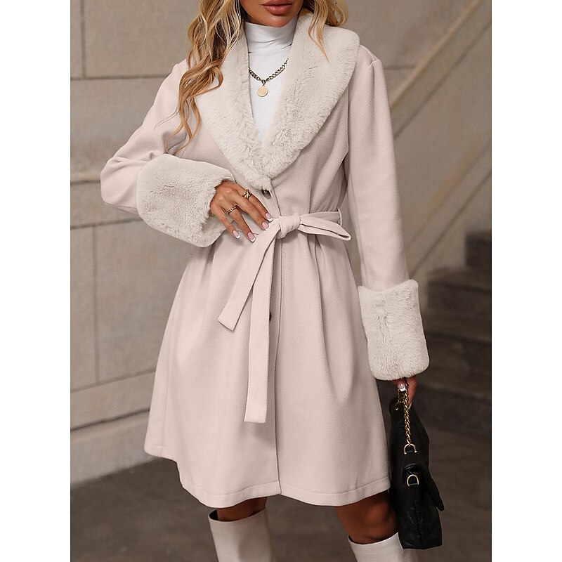 Women's Winter Coat Windproof Warm Buttons With Belt Fur Collar Elegant Outdoor Solid Color Work Casual Single Breasted Turndown Loose Fit Long Sleeve Outerwear Khaki Apricot Fall Winter4