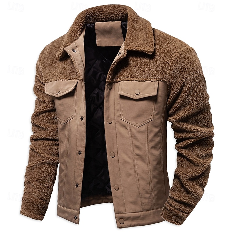 Men's Fleece Jacket Work Jacket Outdoor New Year Thermal Warm Patchwork Pocket Winter Spring &  Fall Cross-Seasons Patchwork Fashion Streetwear Turndown Navy Blue Khaki Army Green Jacket2