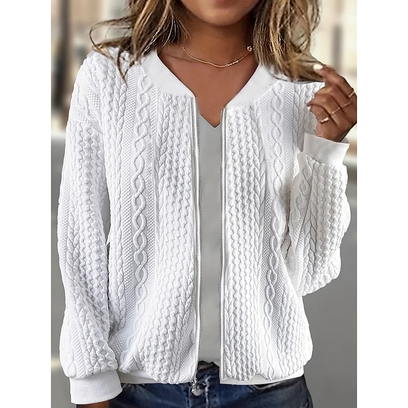 Women's Casual Jacket Textured Jackets Patchwork Solid Color Comfortable Stylish Regular Fit Outerwear Long Sleeve Spring White S