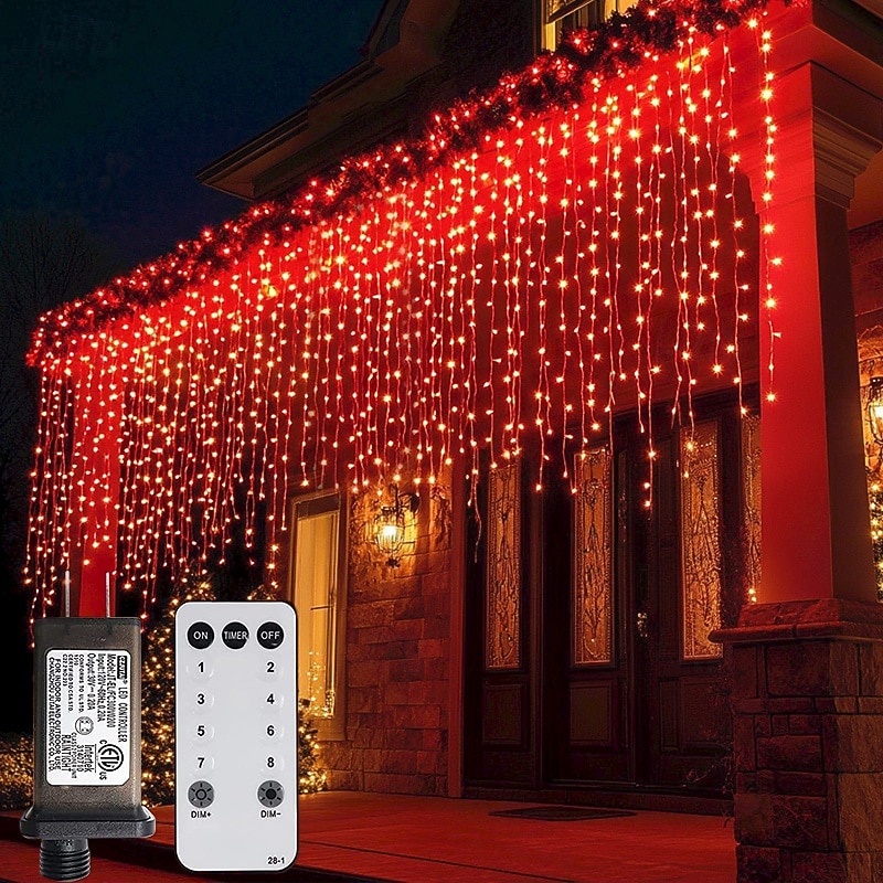 Outdoor Christmas Icicle Window Curtain Lights 6x1M-300LED Plug in 9 Colors Remote Control Window Wall Hanging Light Warm White RGB for Bedroom Party Garden Christmas Decorations 31V EU/US/AU/UK Plug4