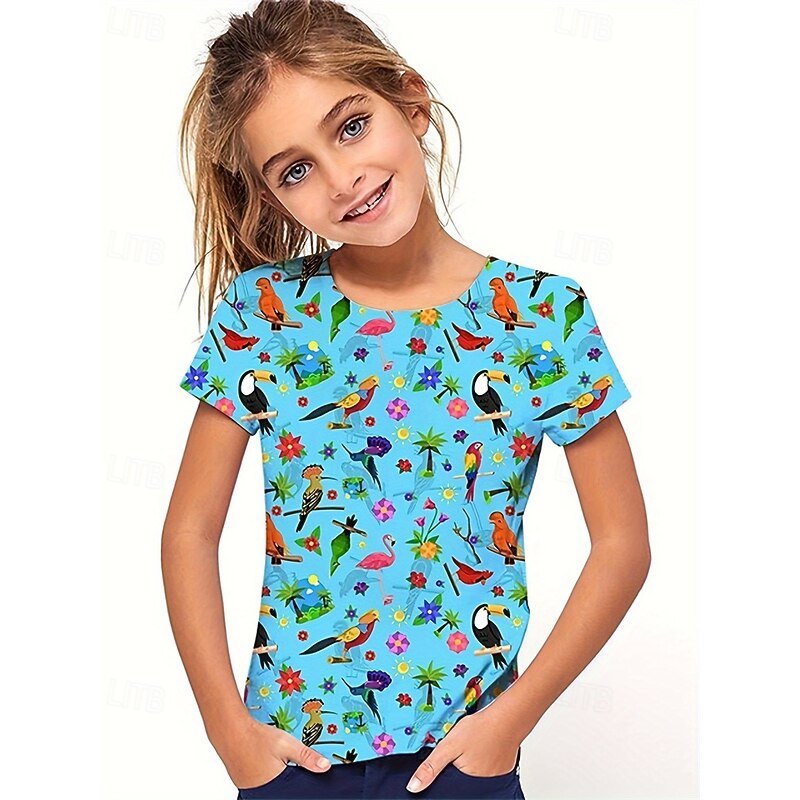 Girls' 3D Graphic Animal Bird T shirt Tee Short Sleeve Summer Spring Fashion Basic Kids 4-12 Years Crew Neck Outdoor Casual Daily Regular Fit