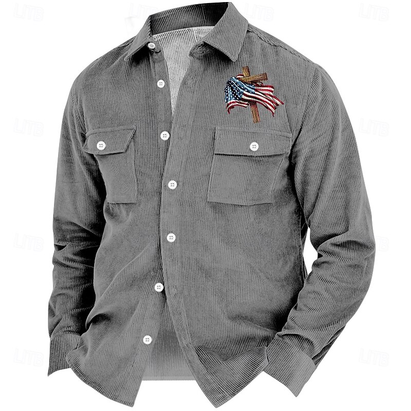 American Independence Day Men's American Flag Cowboy Corduroy Shirt Shirt Jacket Overshirt Long Sleeve Vintage Tribal Outdoor Dailywear Fall & Winter Turndown Collared Shirts Buttons 3D Print 23