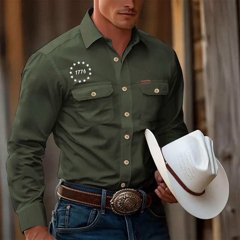 Men's American / USA Patriotic Work Shirt Western Shirt Cargo Shirt Long Sleeve Casual Tactical Sports & Outdoor Going out Winter Spring &  Fall Turndown Print Black White Army Green Blue2