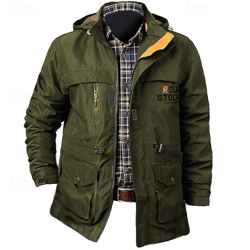 Men's Letter Printed Outdoor Jacket Coat Tactical Practical Waterproof Casual Sports Outdoor Daily Wear Zip Front Adjustable Drawstring Hood Graphic Fall Winter Standing Collar Long Sleeve Black Army4