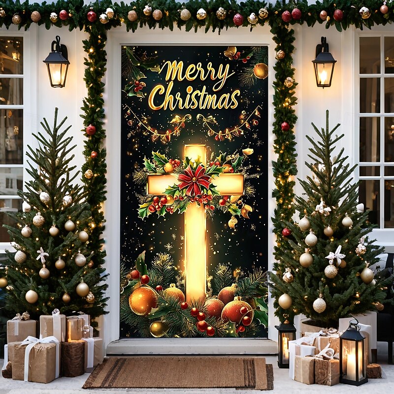 Christmas Door Decorations Door Covers Xmas Cross Nativity Door Tapestry Door Curtain Decoration Backdrop Door Banner for Front Door Farmhouse Holiday Party Decor Supplies Indoor/Outdoor3