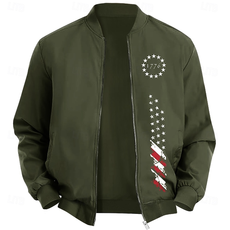 Men's American US Flag Stars Bomber Jacket Coat Casual Sports Outdoor Daily Wear Side Pockets Zip Front Graphic Fall Winter Standing Collar Long Sleeve Black Red Army Green2