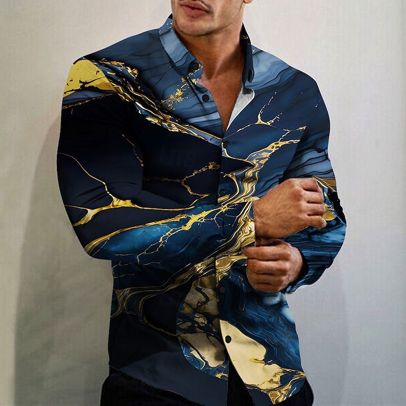 Men's Geometric Pattern Marble Shirt Button Up Shirt Long Sleeve Fashion Designer Casual Outdoor Casual Holiday Summer Spring Turndown Print Button-Down Black White Navy Blue Blue2