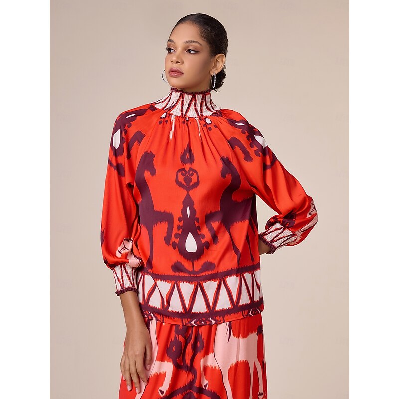 Chiffon Orange Bohemian Printing Turtleneck Blouse4