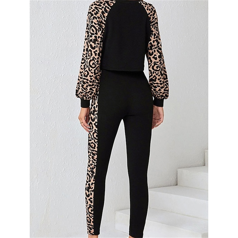 Women's Fashion Streetwear Daily Sweatshirt Chinos Long Sleeve Crew Neck Leopard Print Casual Daily Black Fall Regular Fit2