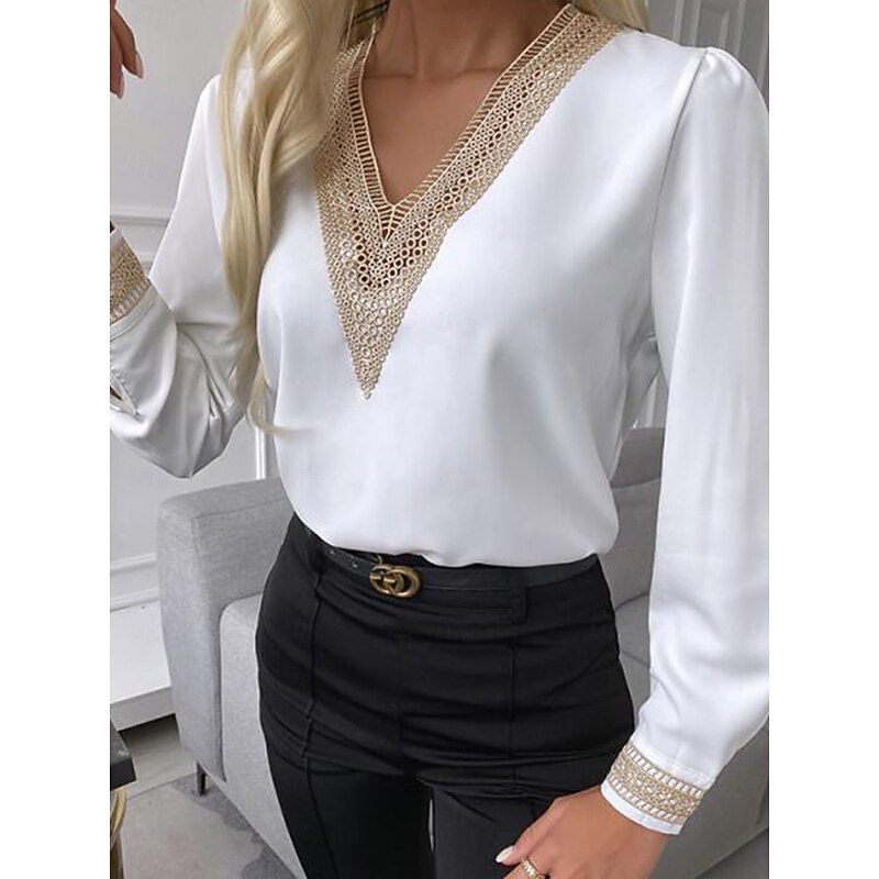 Women's Shirt Blouse Lace White Shirt Daily Work Stylish Modern Long Sleeve Black Spring Fall