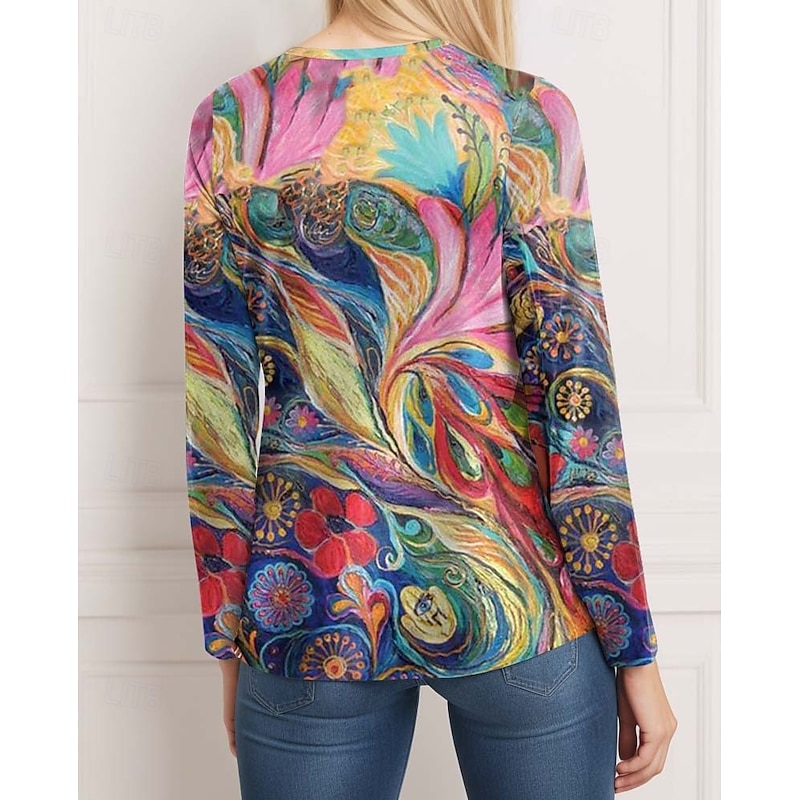 Women's T shirt Long Sleeve Crew Neck Long Sleeve Tunic Casual Print Regular Tops Daily Rainbow Spring Fall Prefall2