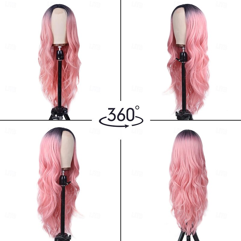 Long Ombre Pink Wavy Wig for Women -26inch Middle Part Long Pink Curly Wavy Wig with Dark Roots Heat Resistant Synthetic Hair Looking Natural, Fiber Wig for Daily Party Use2