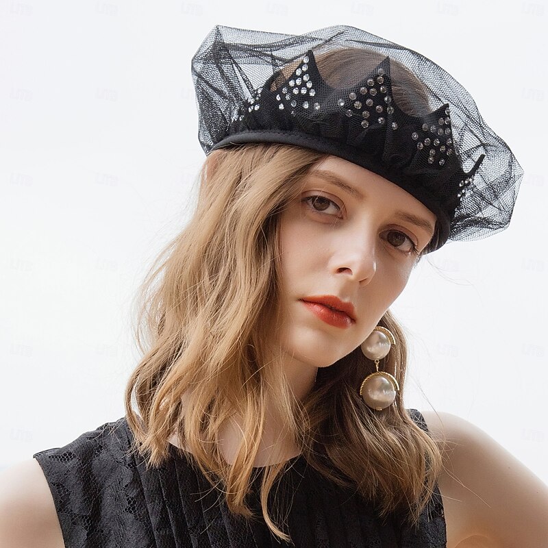 Headwear Fiber Beret Hat Floppy Hat Top Hat Wedding Cocktail Elegant Wedding With Rhinestone Smooth Headpiece Headwear