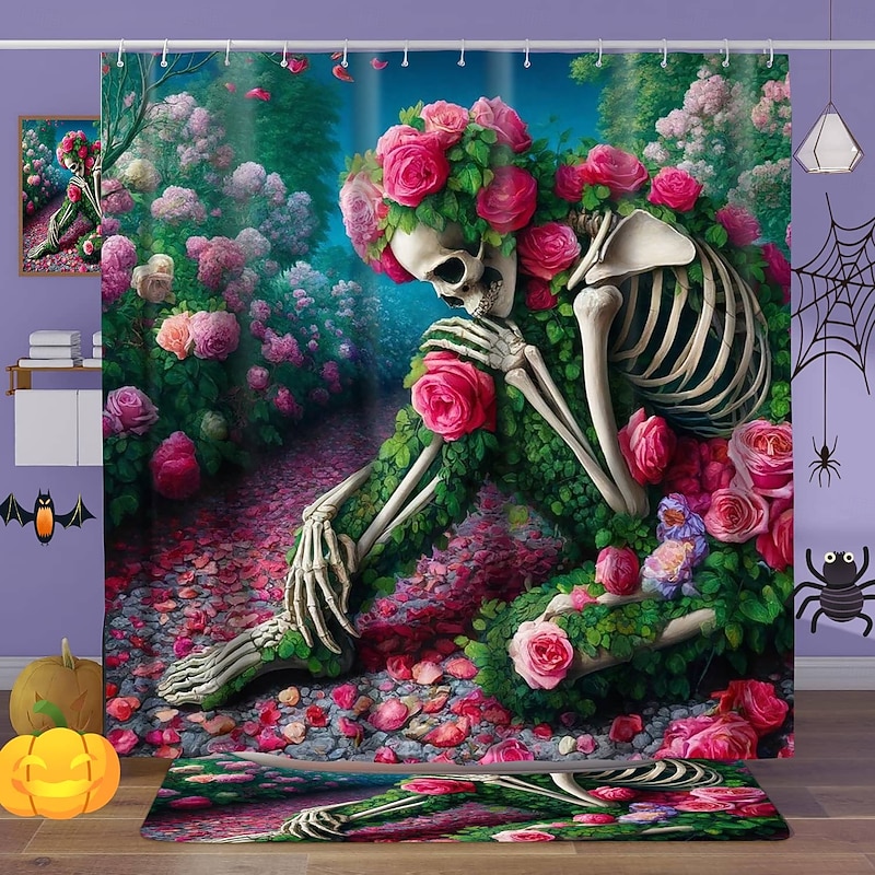 Halloween Shower Curtain with Hooks for Bathroom Skull Shower Curtain  Bathroom Decor Set Polyester Waterproof 12 Pack Plastic Hooks Skull Heads2