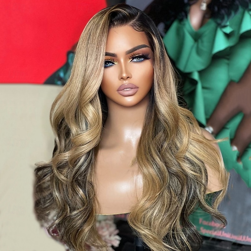 Remy Human Hair 13x4 Lace Front Wig Free Part Brazilian Hair Wavy Multi-color Wig 130% 150% Density Highlighted / Balayage Hair Glueless Pre-Plucked For Women Long Human Hair Lace Wig