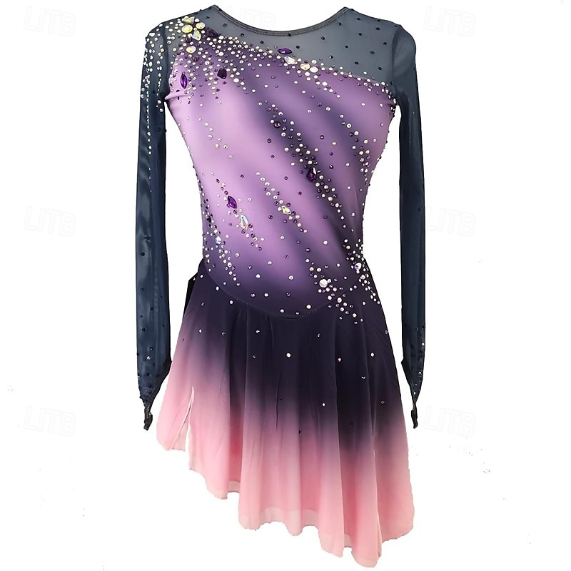Figure Skating Dress Women's Girls' Ice Skating Dress Purple Patchwork Mesh High Elasticity Training Competition Skating Wear Classic Crystal / Rhinestone Long Sleeve Ice Skating Figure Skating