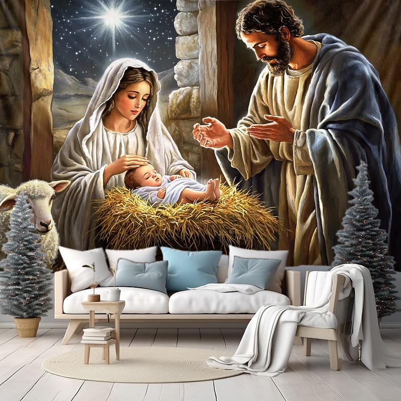 Christmas Decorations Nativity Scene Hanging Tapestry Wall Art Large Tapestry Mural Decor Photograph Backdrop Blanket Curtain Home Bedroom Living Room Decoration4