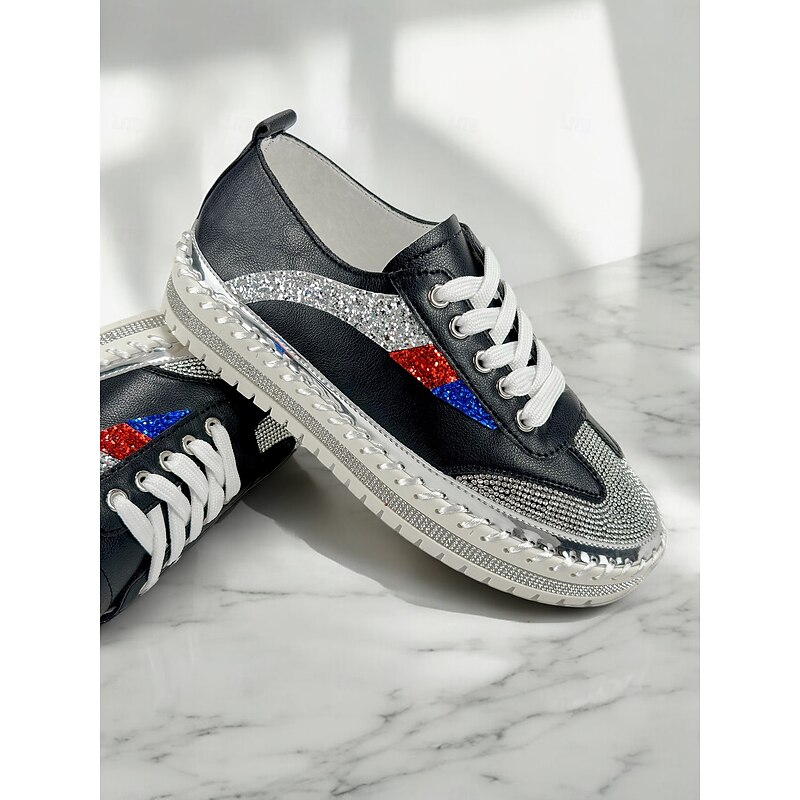 Women's Glitter-Accented Black Lace-Up Sneakers – Rhinestone Embellished, Colorful Casual Athletic Shoes for Fashionable Everyday Wear2