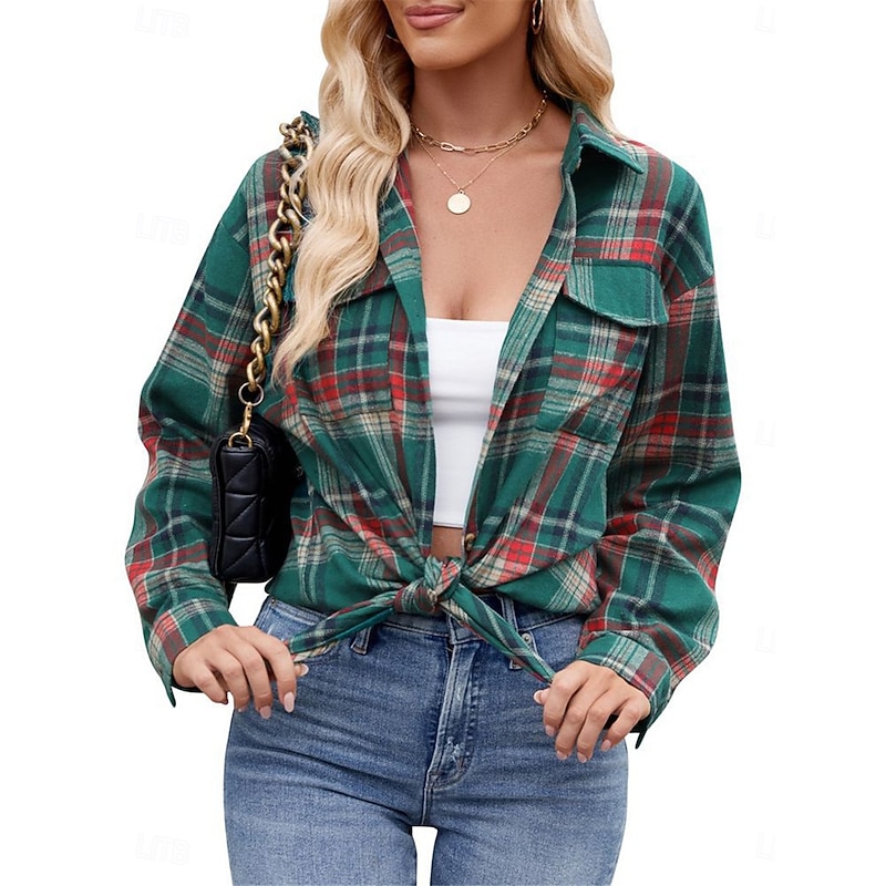 Women's Casual Jacket Outdoor Street Daily Wear Fall Winter Regular Coat Regular Fit Thermal Warm Breathable Stylish Casual Jacket Long Sleeve Stripes and Plaid with Pockets Print Pink Red Orange