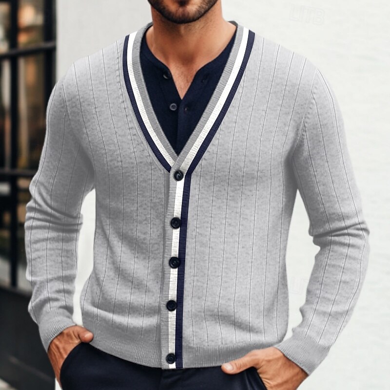Men's Cardigan Ribbed Knit Regular Color Block Ribbed Solid Color V Neck Knitwear Elegant Home Work Clothing Apparel Bishop Sleeve Spring Fall Navy Blue khaki S M L3