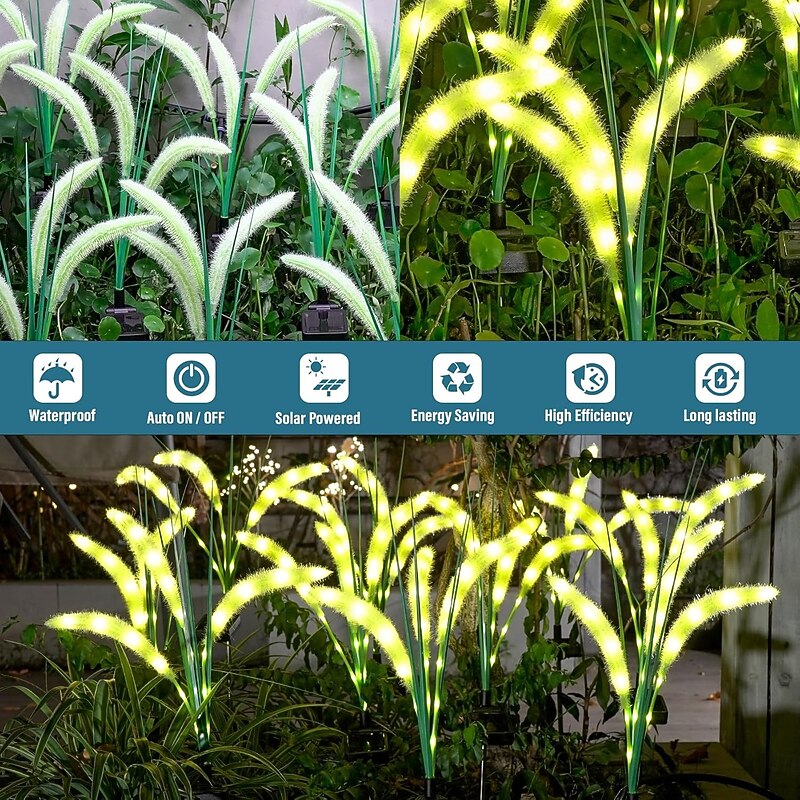 2pcs Solar Green Foxtail Lights, Outdoor Solar Garden Lights with Glowing Stems Perfect for Garden Decoration, Yard Decor, and Gifts2