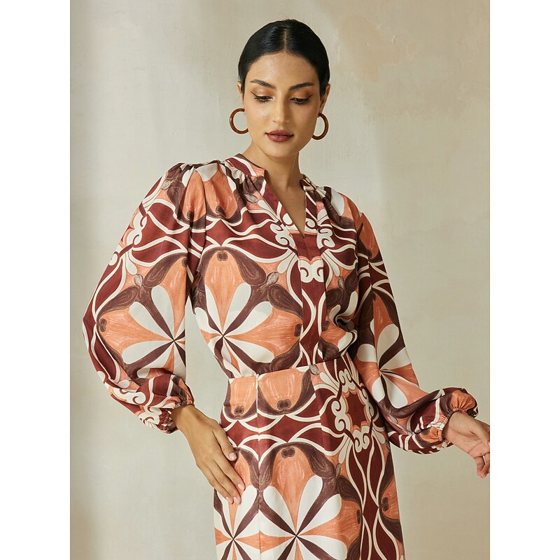 Satin Bohemia Split Neck Lantern Sleeve Blouse4