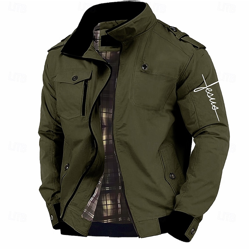 Graphic Letter Printed Jesus Men's Standing Collar Jacket Zip Up Combat Bomber Jacket Tactical Cargo Outwear Cotton Comfy Breathable Coat With Pockets4
