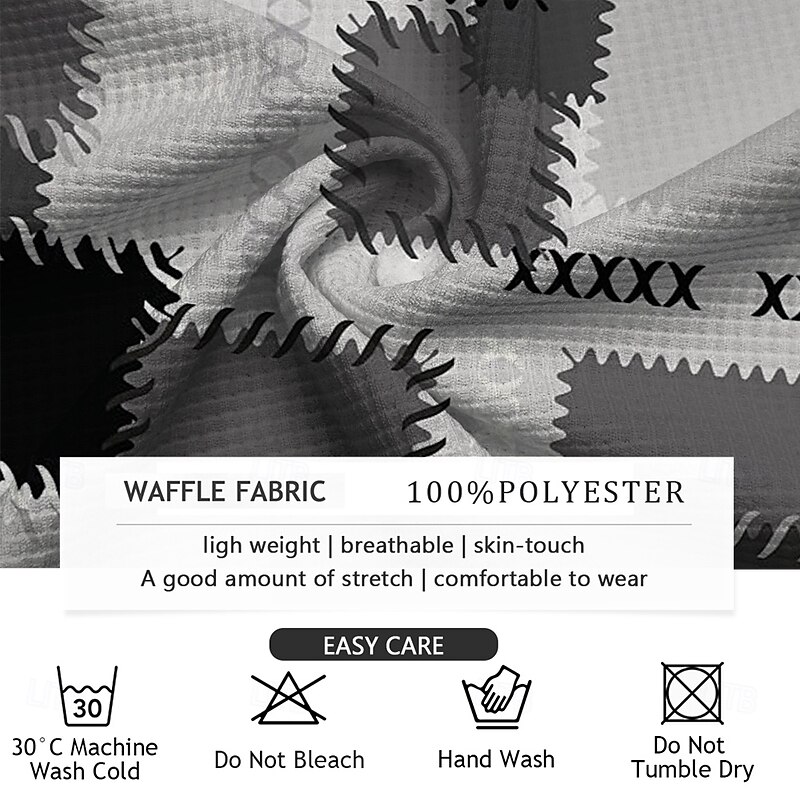 Men's Plaid Waffle Polo Shirts Golf Shirt Long Sleeve Polo Shirts Collared Shirts Vintage Casual Vacation Wear Formal Wear Festival Wear Buttons 3D Print Spring Fall Winter Black And White3