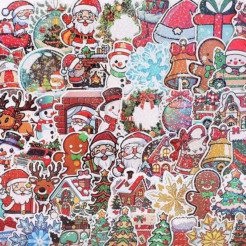50 pcs Christmas Stickers Gingerbread Man Elk House Laser Glitter Santa Claus Gift Festival Gift Decoration Material Stickers