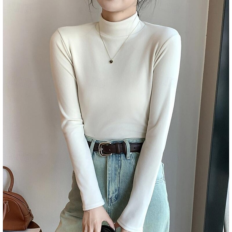 Women's Tunic Solid Color Casual Long Sleeve Turtleneck Regular Tops Daily Black Yellow off-white Khaki Fall Winter4