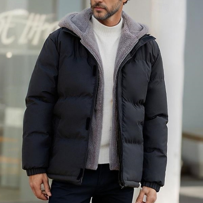 Men's Winter Jacket Puffer Jacket Fleece Jacket Padded 2 in 1 Fake two piece Polyster Hoodie Pocket Outdoor Date Casual Daily Regular Fashion Casual Thermal Warm Windproof Winter Plain Dark Grey4