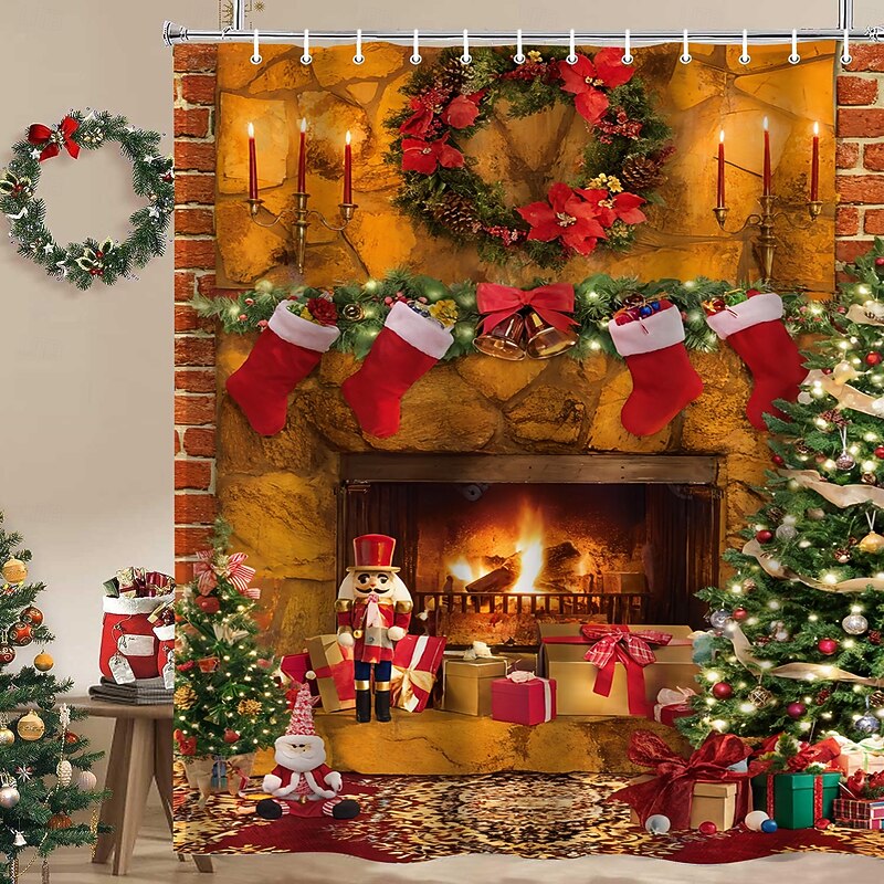 Merry Christmas Shower Curtain with Hooks for Bathroom Shower Curtain  Bathroom Decor Set Polyester Waterproof 12 Pack Plastic Hooks