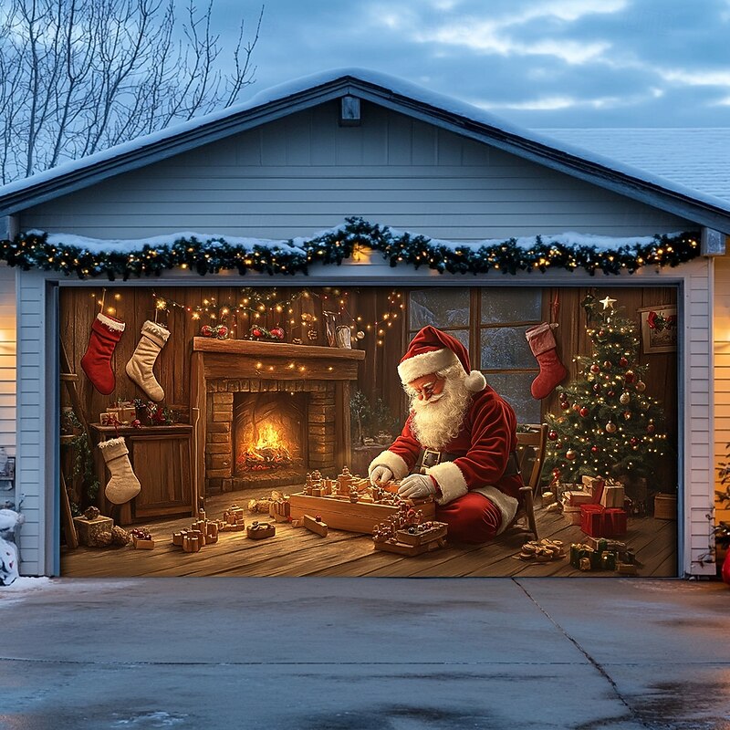 Garage Christmas Cover Christmas Decorations Outdoor Garage Door Cover 13 X 6 FT Christmas Garage Door Cover Banner Backdrop Decorations Extra Large Candy Cane Gift Box Printed Hanging Door Background For Indoor