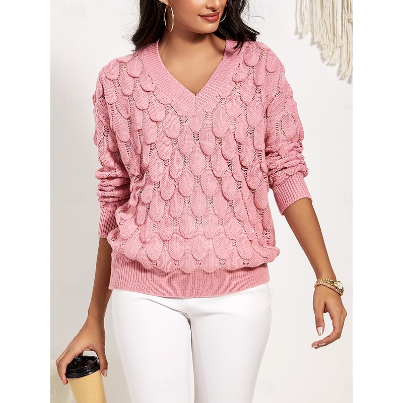 Women's Sweater Elegant Fashion Daily Floral V Neck Hollow Out Long Sleeve Regular Tops Knit Work Pink Red Fall Winter