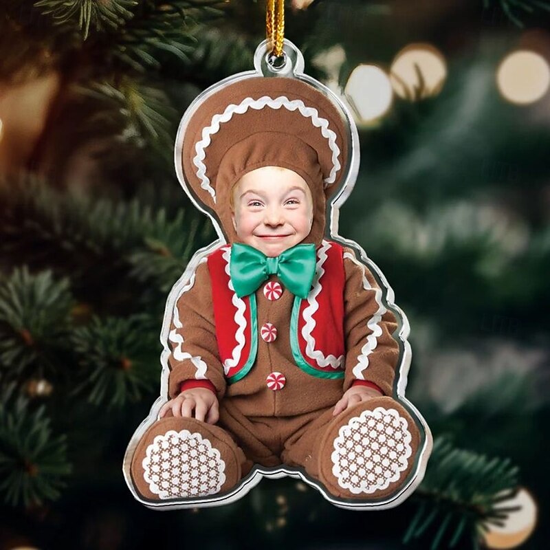 Personalized Photo Christmas Ornaments Acrylic 2D Custom Baby Face Gingerbread Man Christmas Tree Ornaments Xmas Decoration Hanging Pendant Gifts